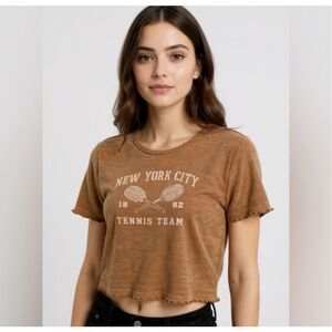 LG American Eagle Graphic Crop Top T Shirt Camel Brown Waffle Knit Tennis Team N